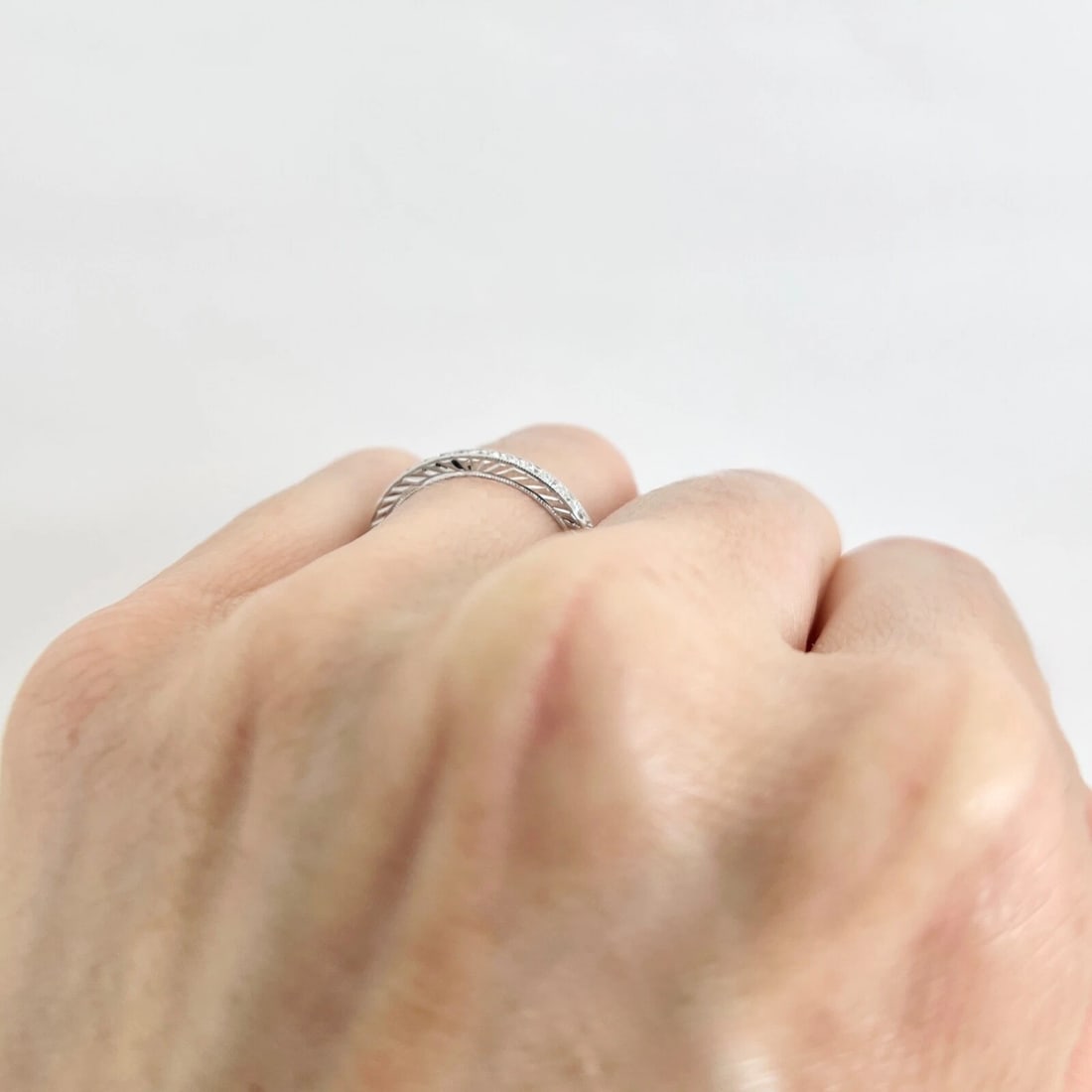 Milgrain Diamond Half-Way Around Wedding Band Ring 14K White Gold Size 7.25 - 6