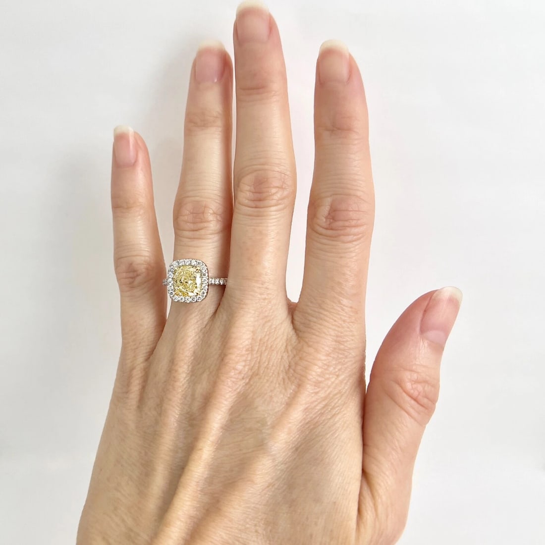 GIA Fancy Light Yellow Cushion Halo Diamond Engagement Ring Platinum, 2.67 CTW - 3