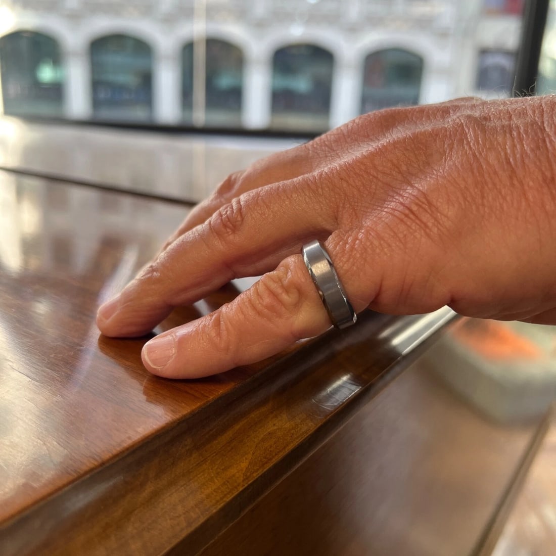 Men's Dark Grey Beveled Edge Satin Wedding Band Ring Tantalum, Size 9, 6 mm - 6