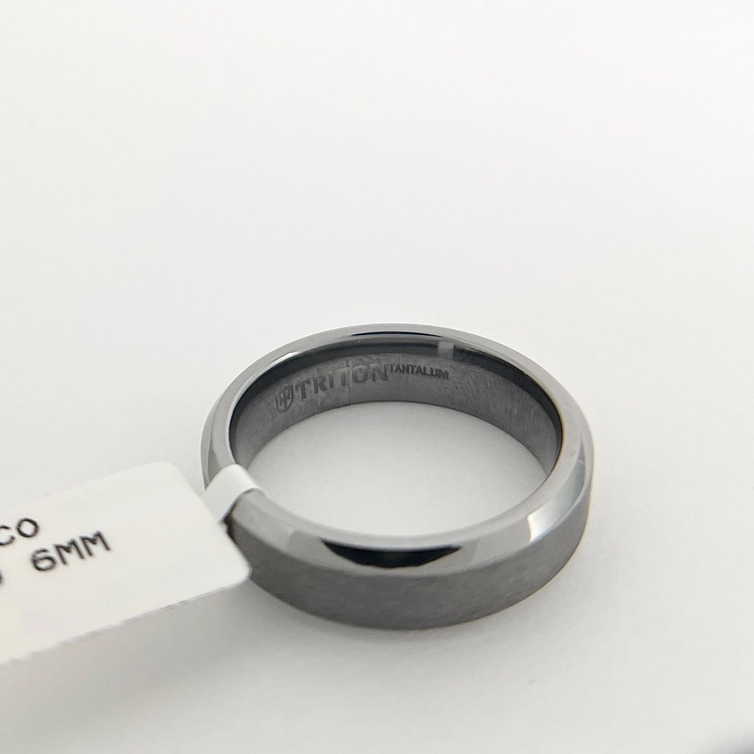 Men's Dark Grey Beveled Edge Satin Wedding Band Ring Tantalum, Size 9, 6 mm - 7