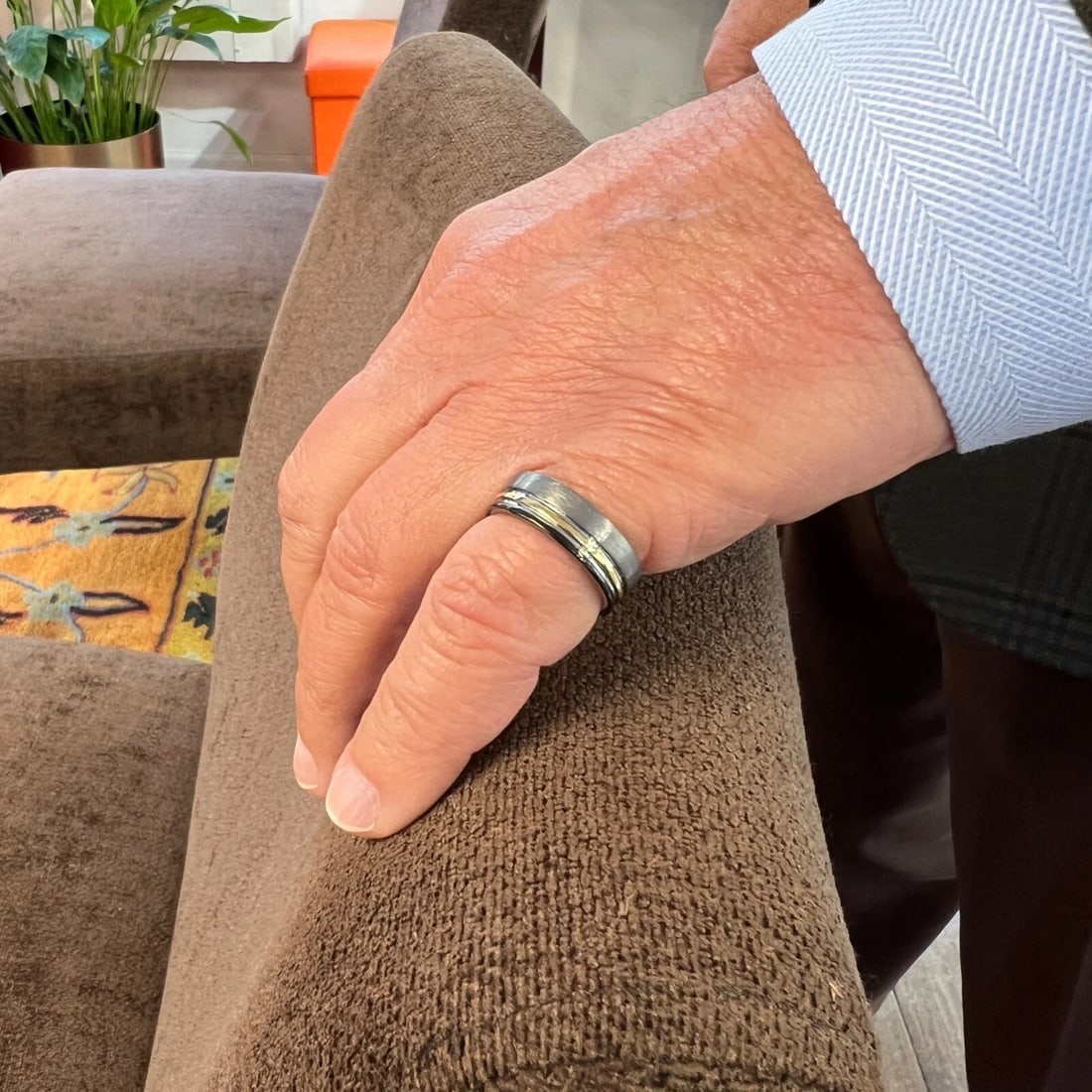 Men's Grey Black Gold Grooved Striped Wedding Band Ring Tungsten Carbide, Size 9 - 6