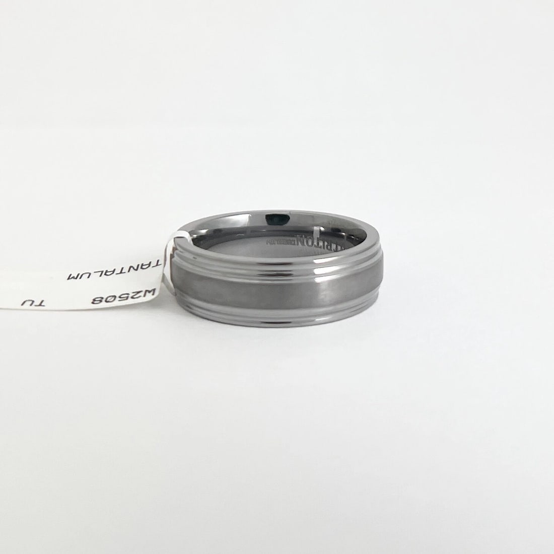 Men's Wide Grey Satin Center Grooved Edge Wedding Band Ring Tantalum, Size 10 - 7