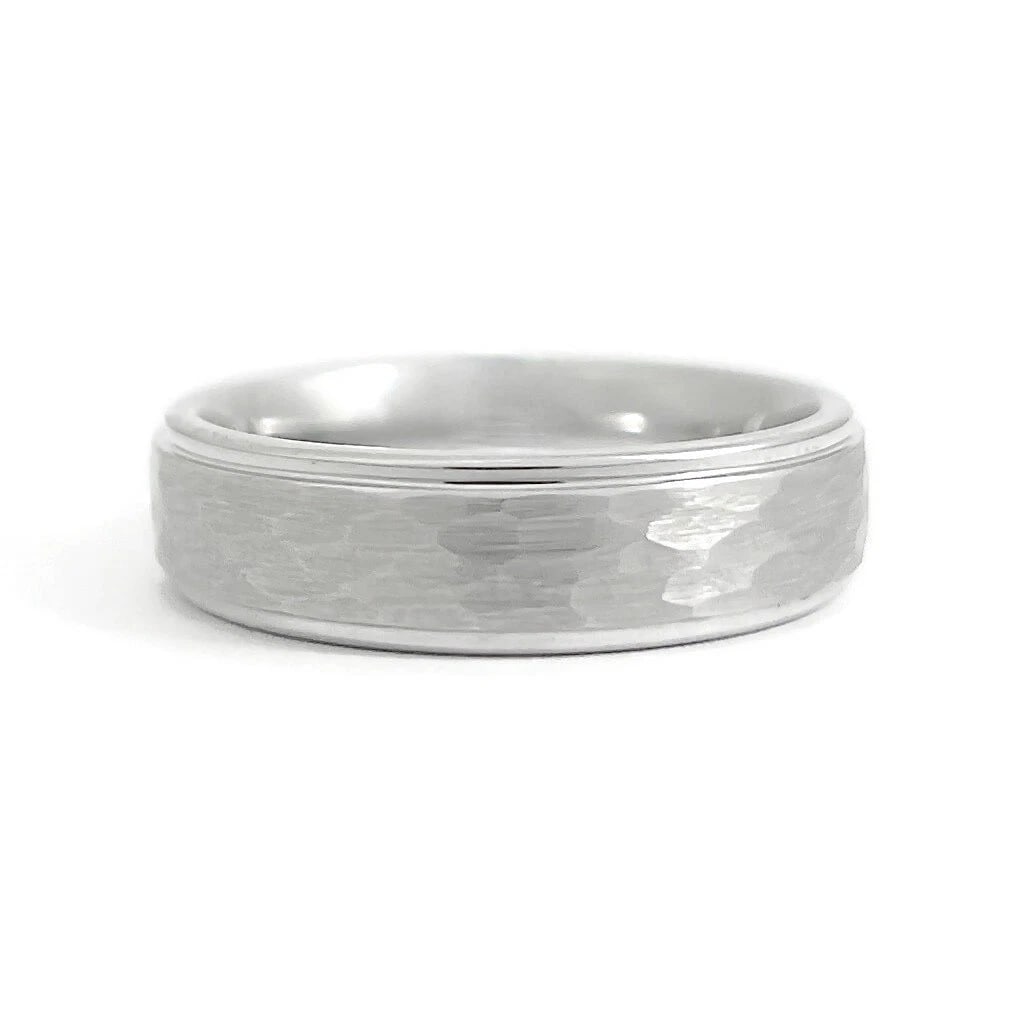 Men's Silver Step-Edge Hammered Wedding Band Ring Tungsten, Size 10, 6 mm - 2