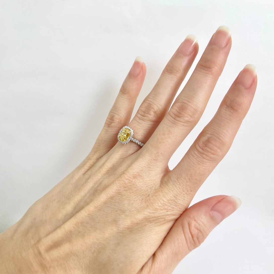 GIA Fancy Vivid Yellow Cushion Halo Diamond Engagement Ring Platinum, 1.55 CTW - 7