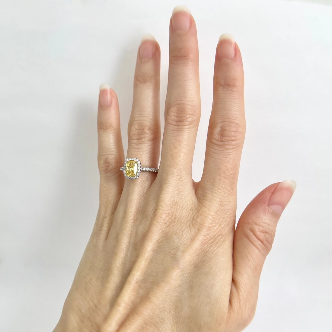 GIA Fancy Vivid Yellow Cushion Halo Diamond Engagement Ring Platinum, 1.55 CTW - 8