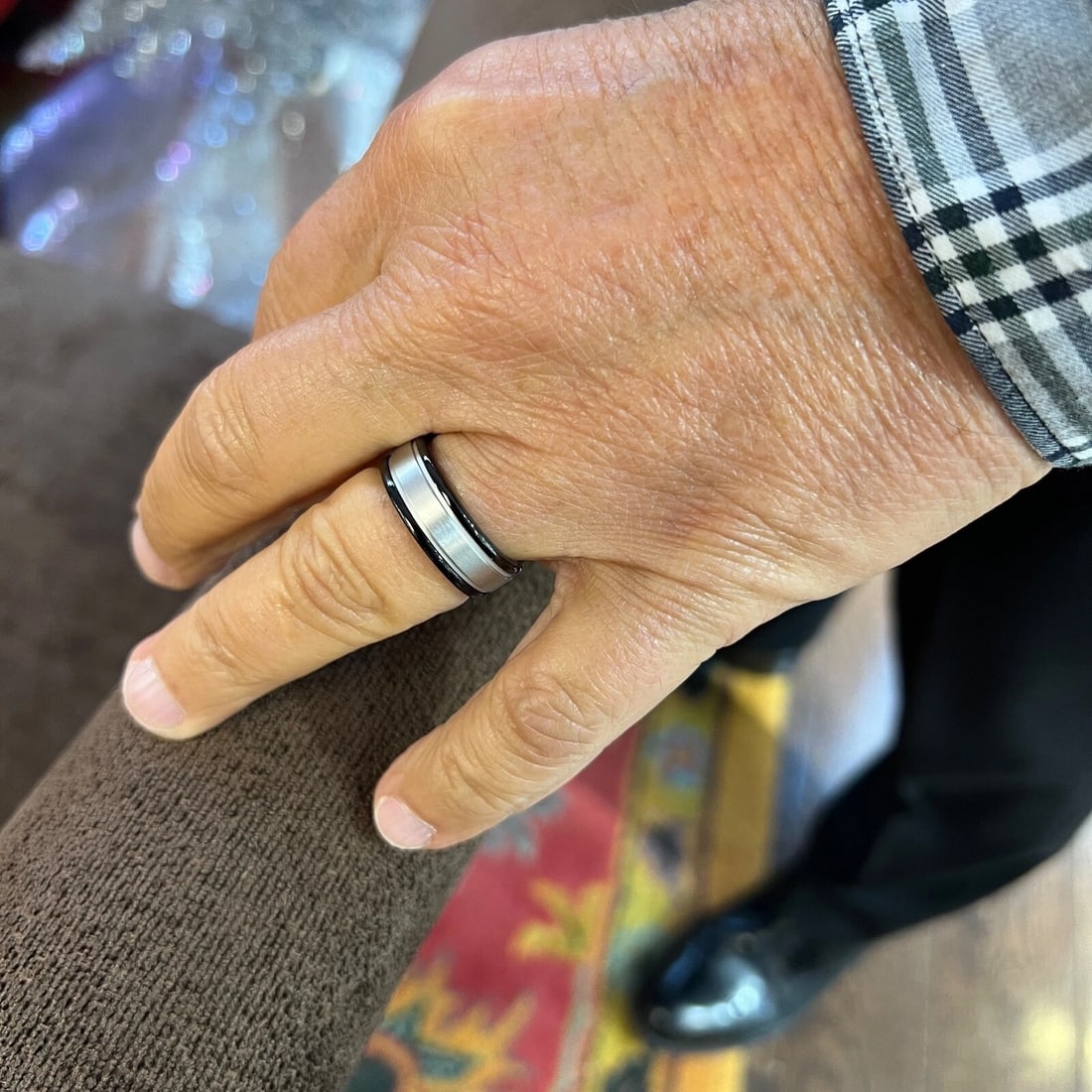 Men's Black Silver Wedding Band Ring 14K White Gold, Tungsten, Size 10, 8 mm - 4