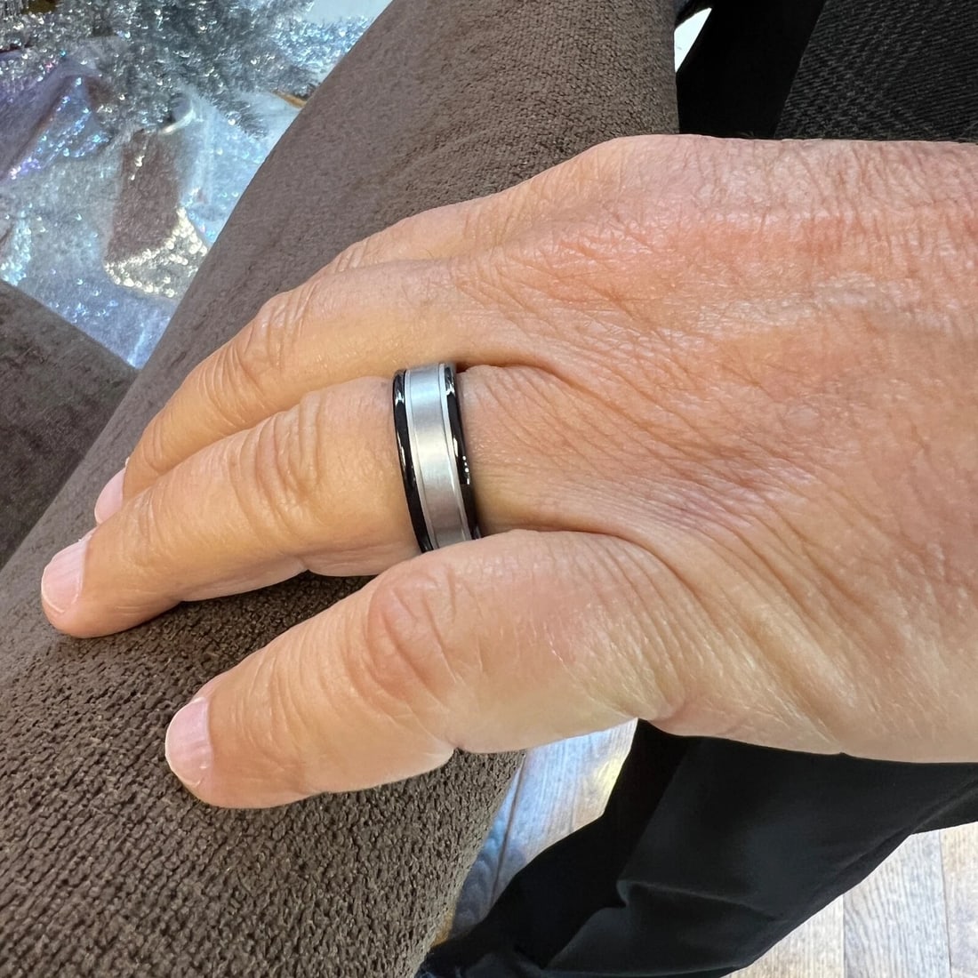 Men's Black Silver Wedding Band Ring 14K White Gold, Tungsten, Size 10, 8 mm - 5