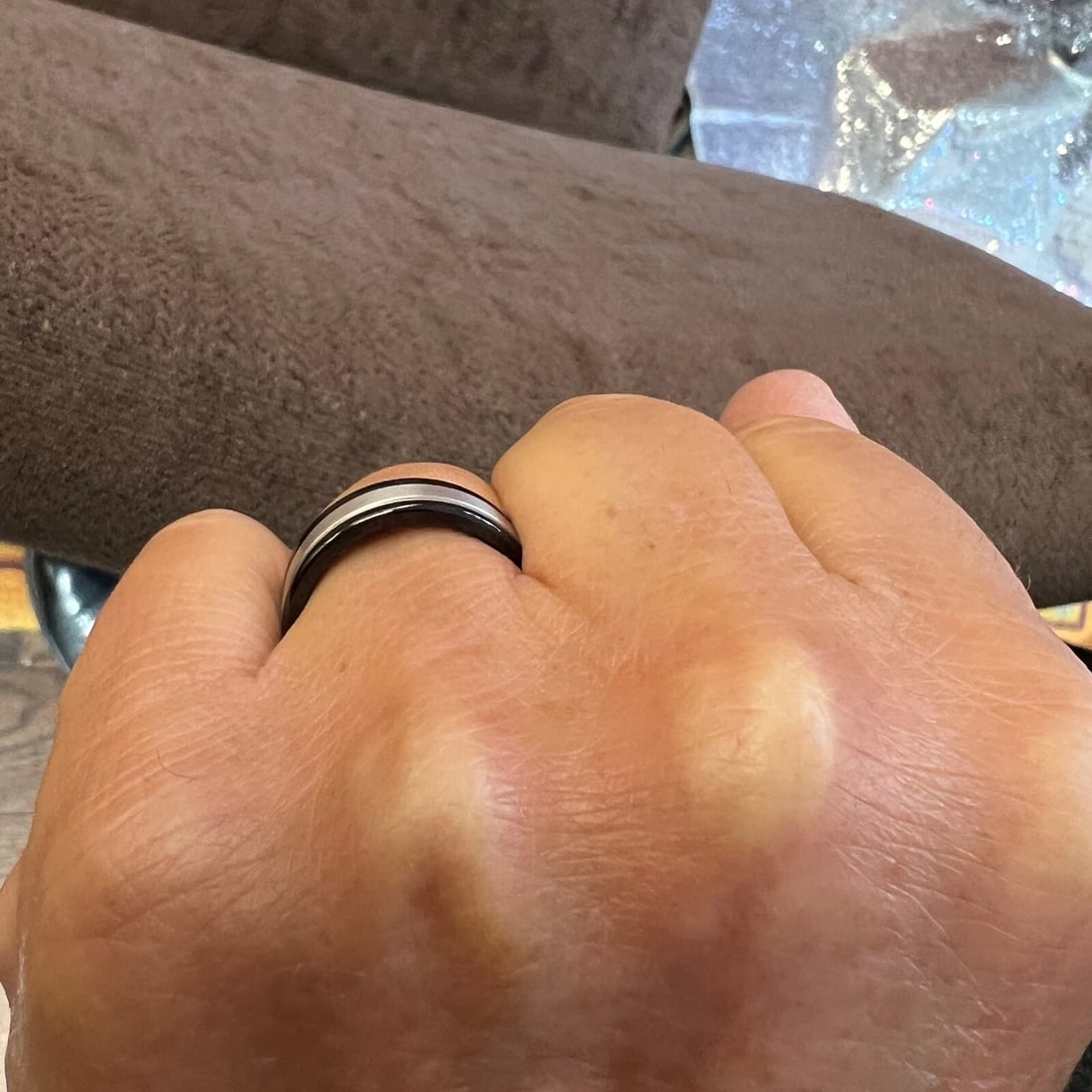 Men's Black Silver Wedding Band Ring 14K White Gold, Tungsten, Size 10, 8 mm - 6