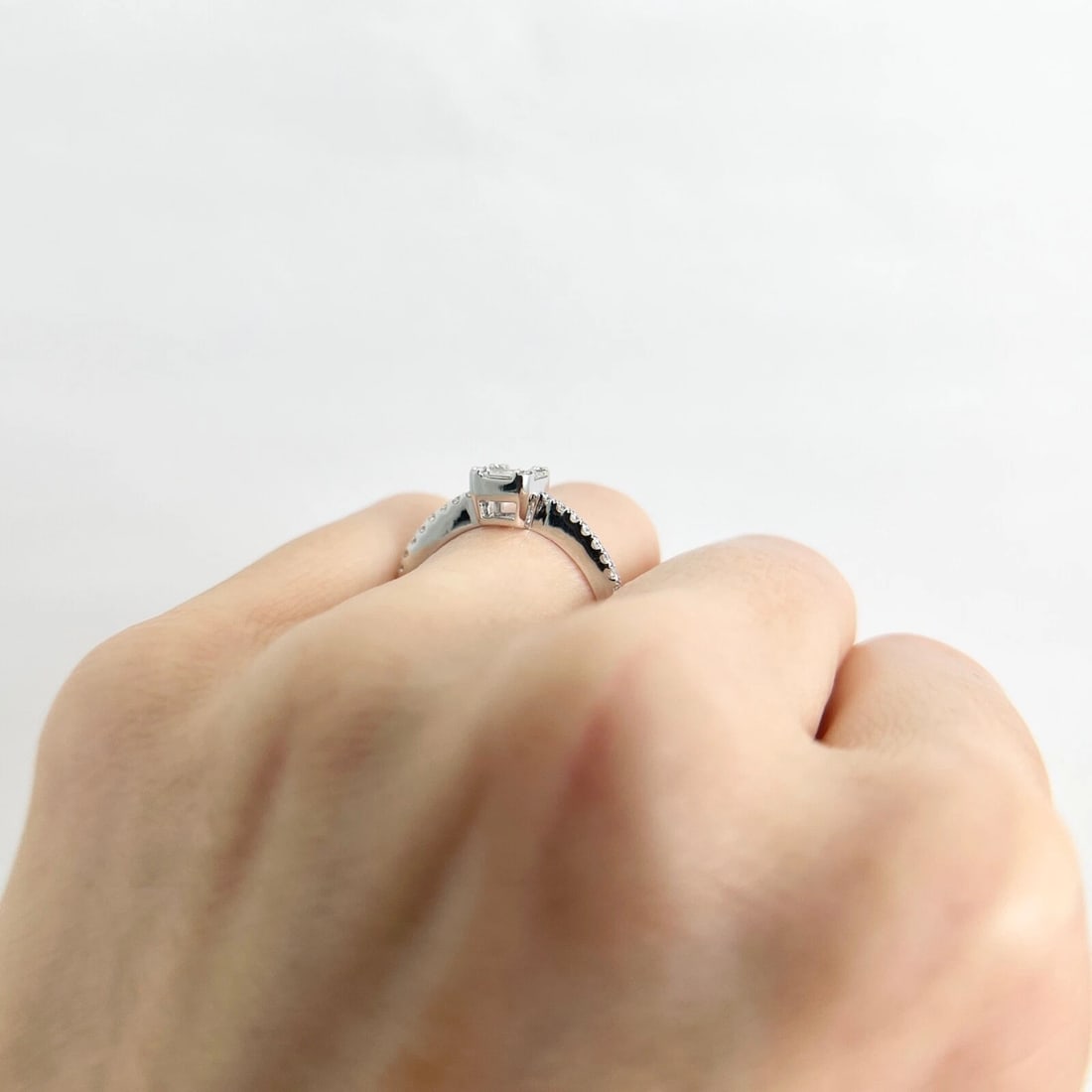 Invisible-Set Cluster Diamond Rectangle Engagement Ring 18K White Gold, .60 CTW - 8