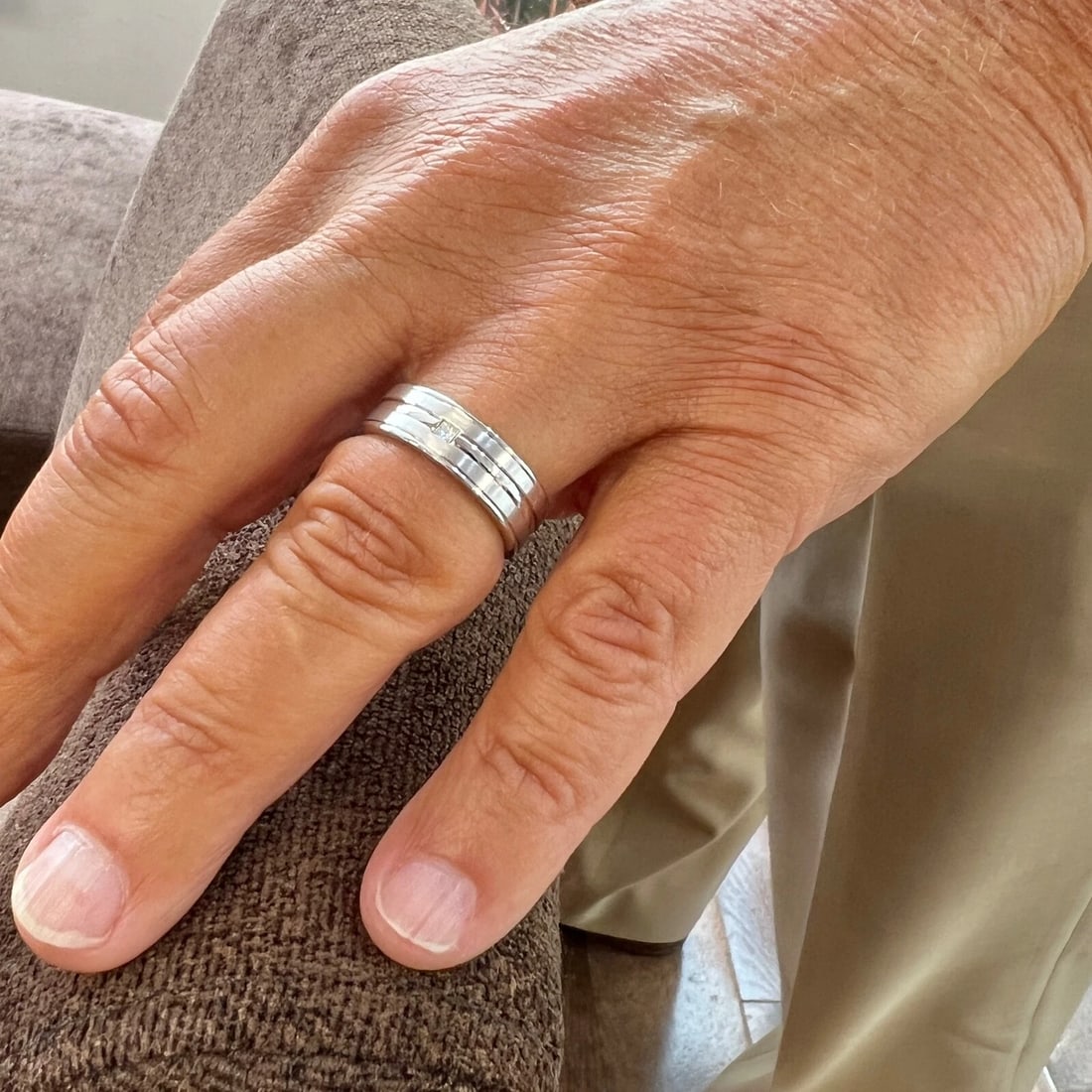 Men's Wide Princess Cut Diamond Groove Wedding Band Ring 14K White Gold, .05 CTW - 3