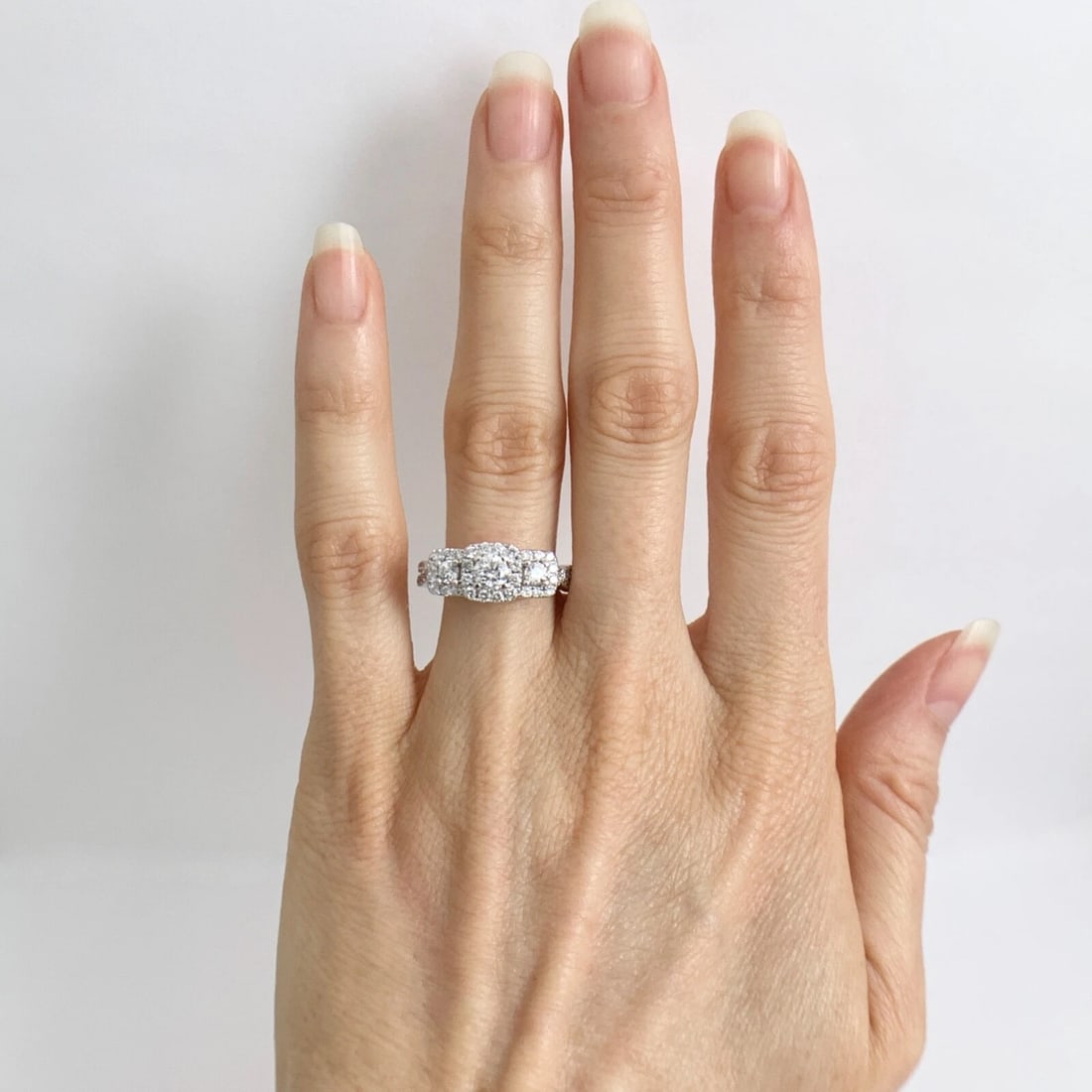 Cushion Halo 3-Stone Diamond Sapphire Engagement Ring 14K White Gold, 1.35 CTW - 3