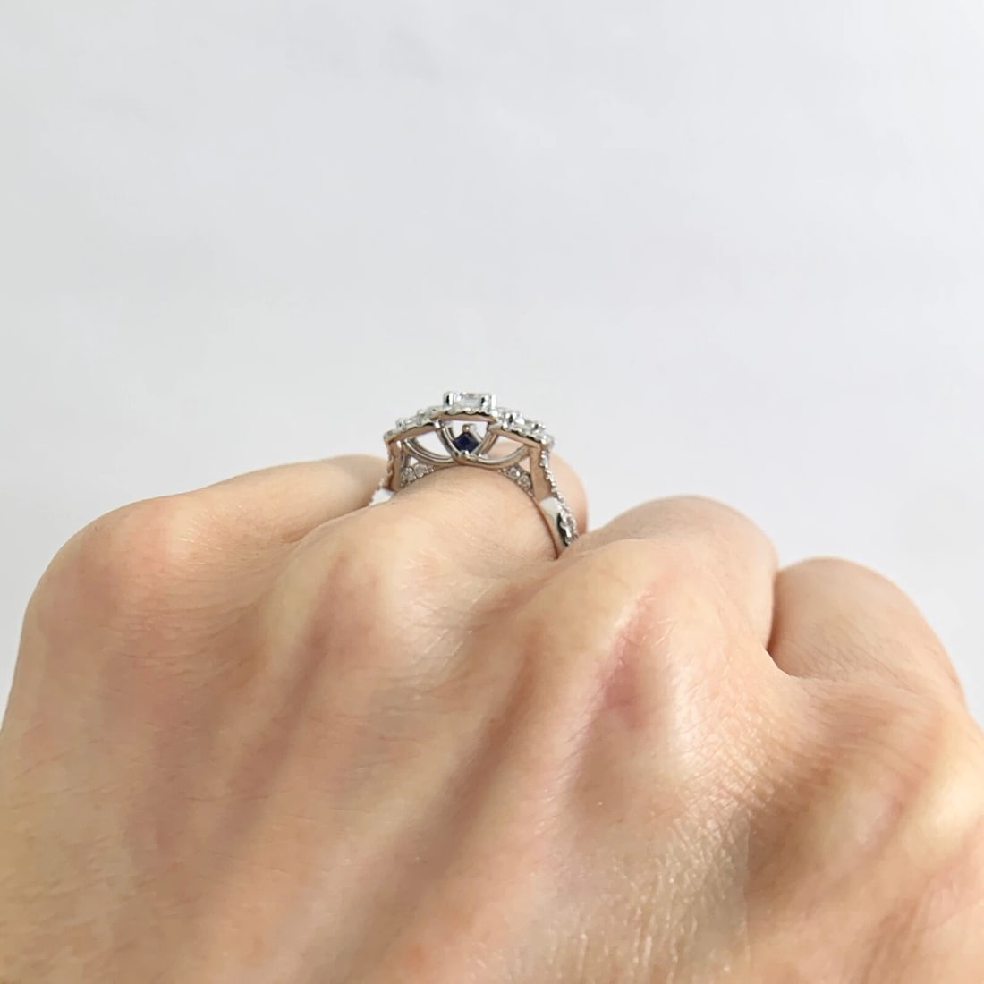 Cushion Halo 3-Stone Diamond Sapphire Engagement Ring 14K White Gold, 1.35 CTW - 4