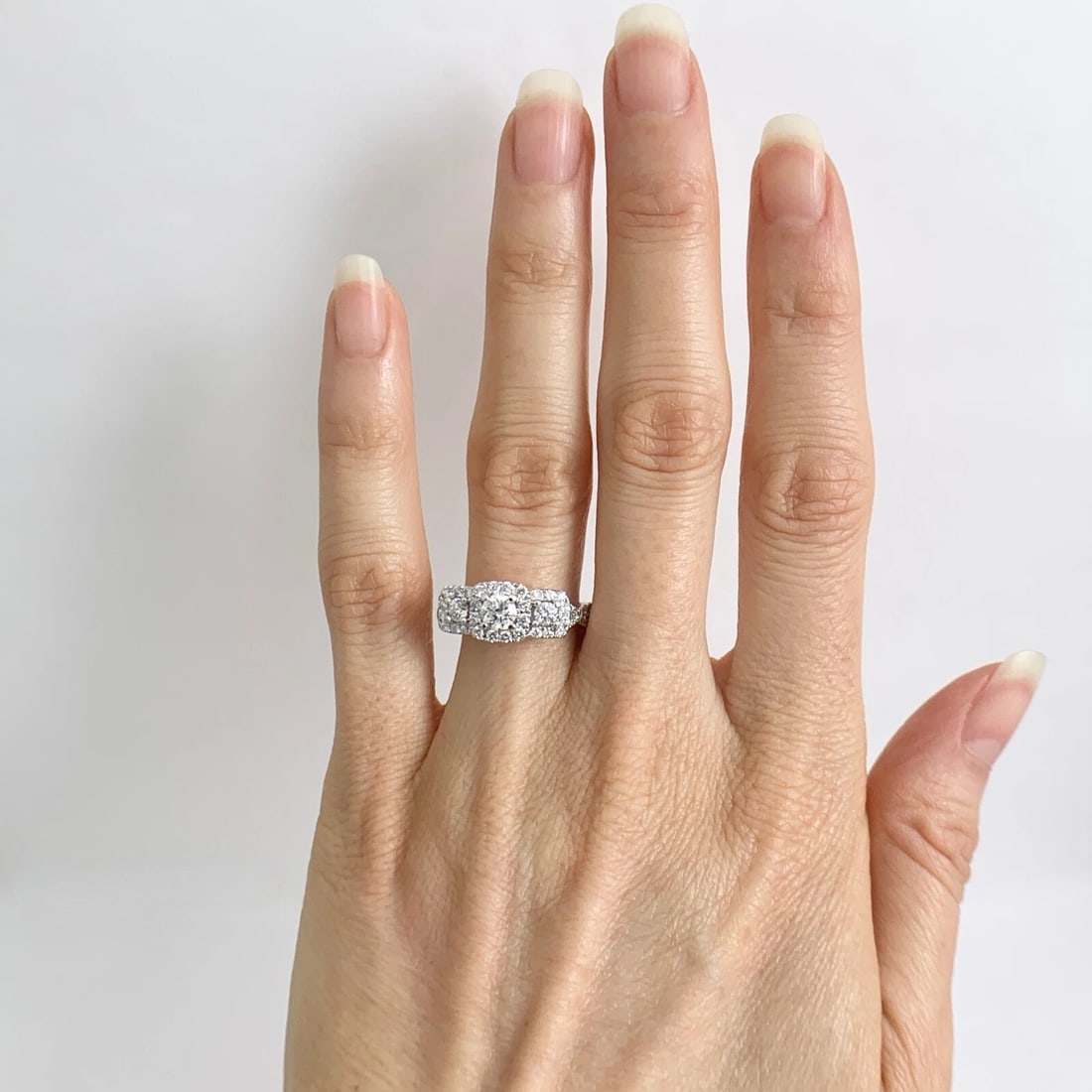 Cushion Halo 3-Stone Diamond Sapphire Engagement Ring 14K White Gold, 1.35 CTW - 5