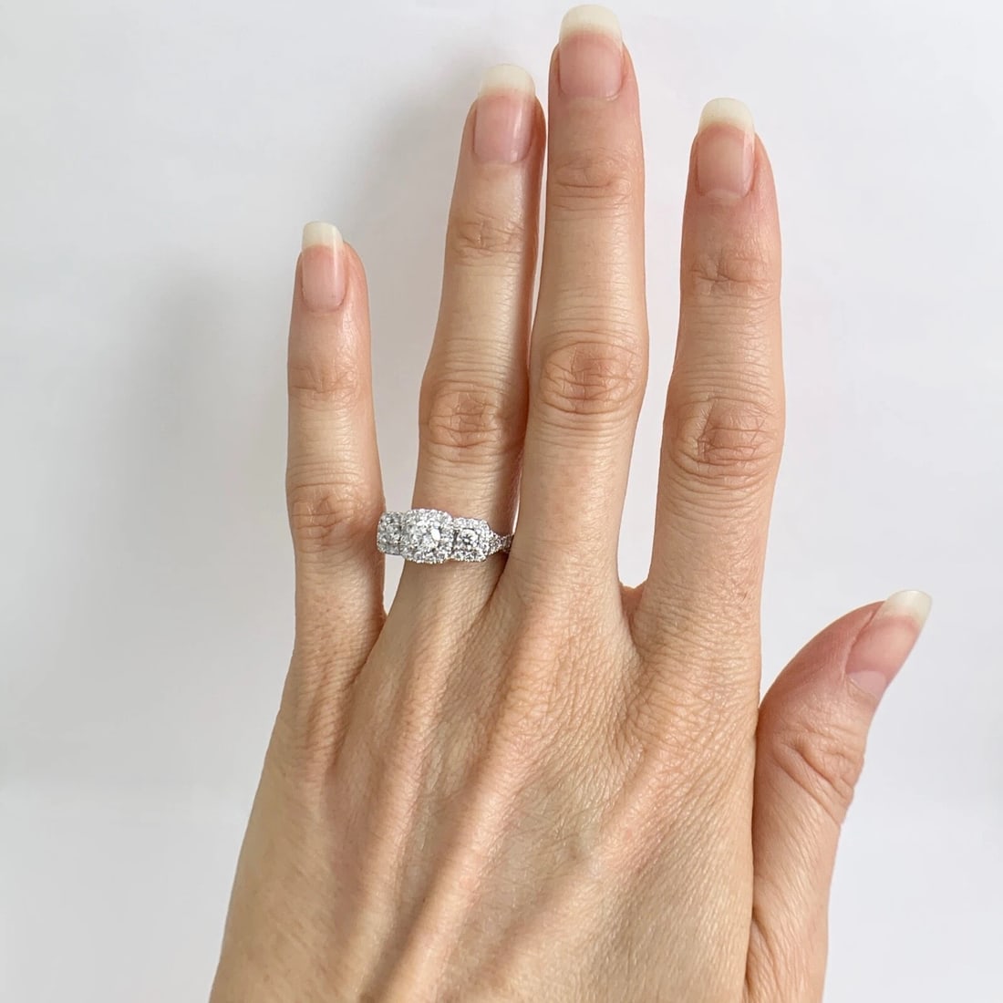 Cushion Halo 3-Stone Diamond Sapphire Engagement Ring 14K White Gold, 1.35 CTW - 6