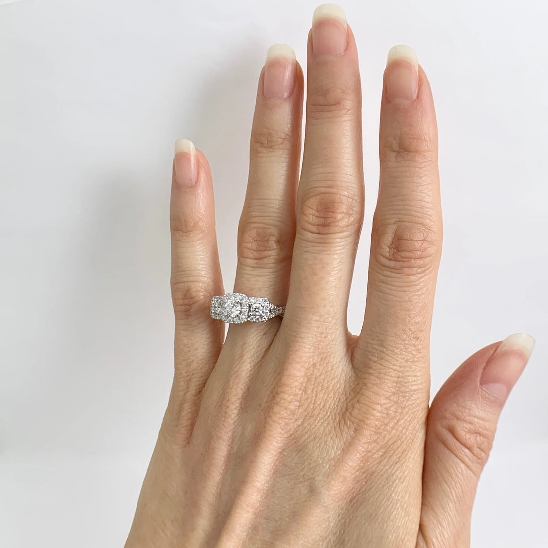 Cushion Halo 3-Stone Diamond Sapphire Engagement Ring 14K White Gold, 1.35 CTW - 7