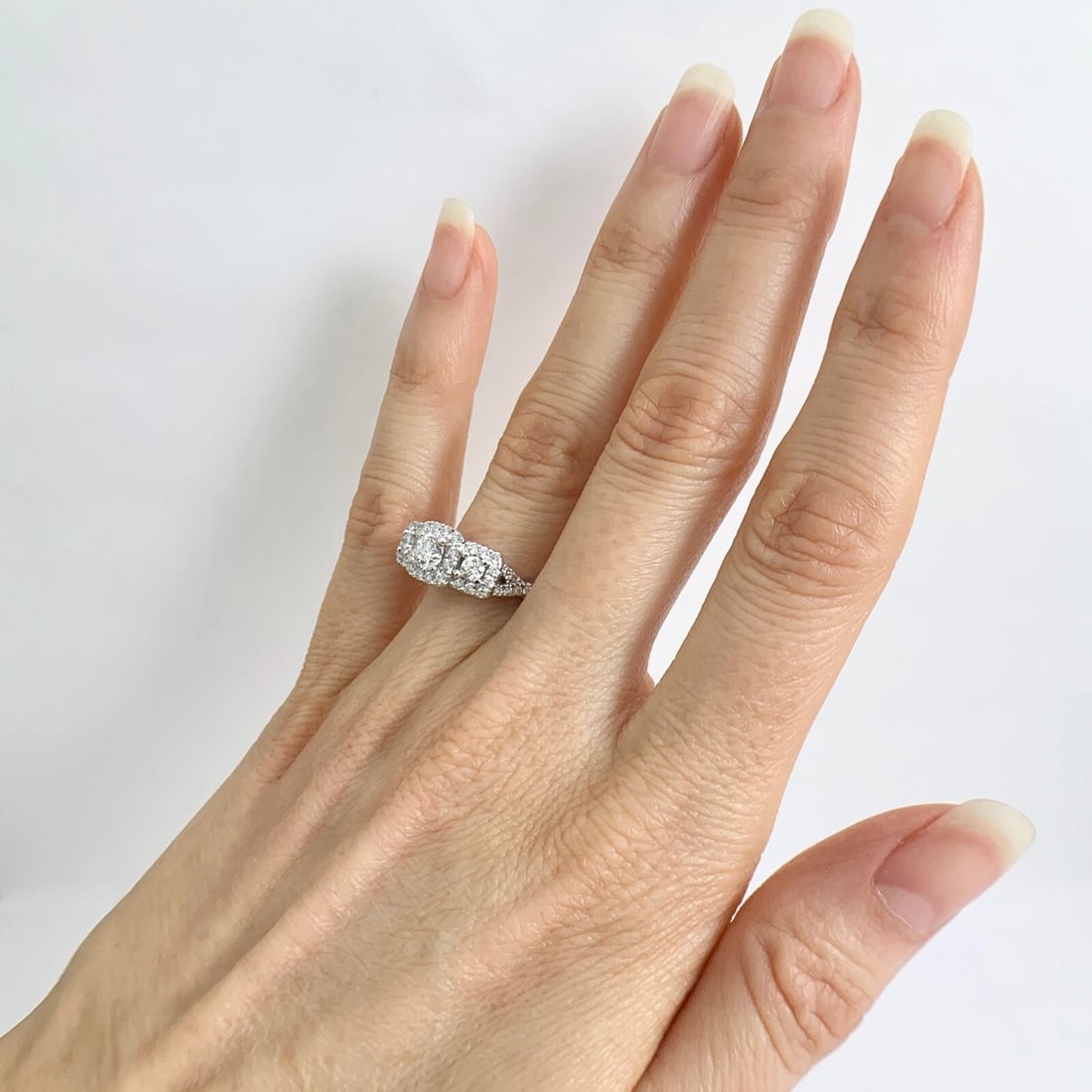 Cushion Halo 3-Stone Diamond Sapphire Engagement Ring 14K White Gold, 1.35 CTW - 9