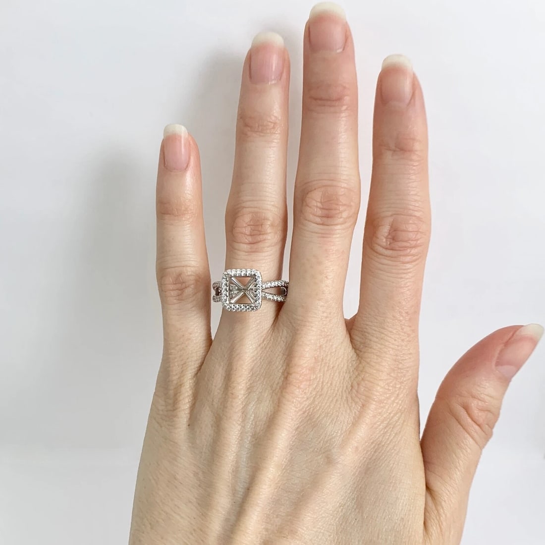 Cushion Halo Split Shank Diamond Engagement Ring Setting Mounting 14K White Gold - 3