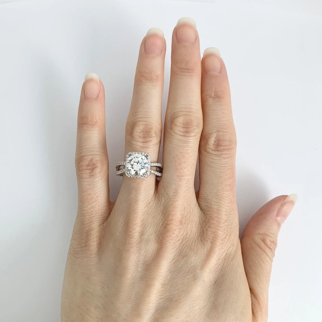 Cushion Halo Split Shank Diamond Engagement Ring Setting Mounting 14K White Gold - 7