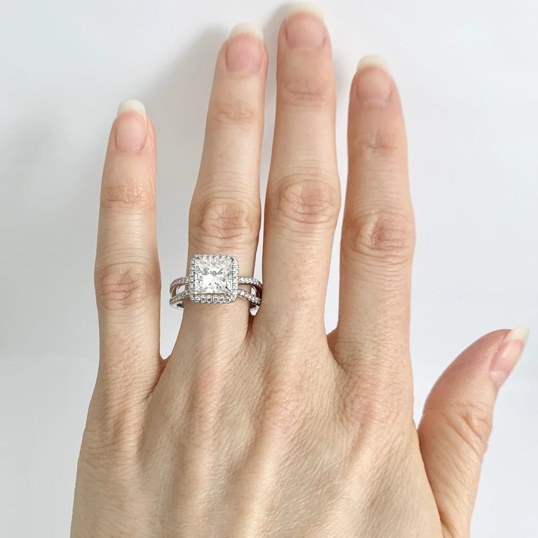 Cushion Halo Split Shank Diamond Engagement Ring Setting Mounting 14K White Gold - 9