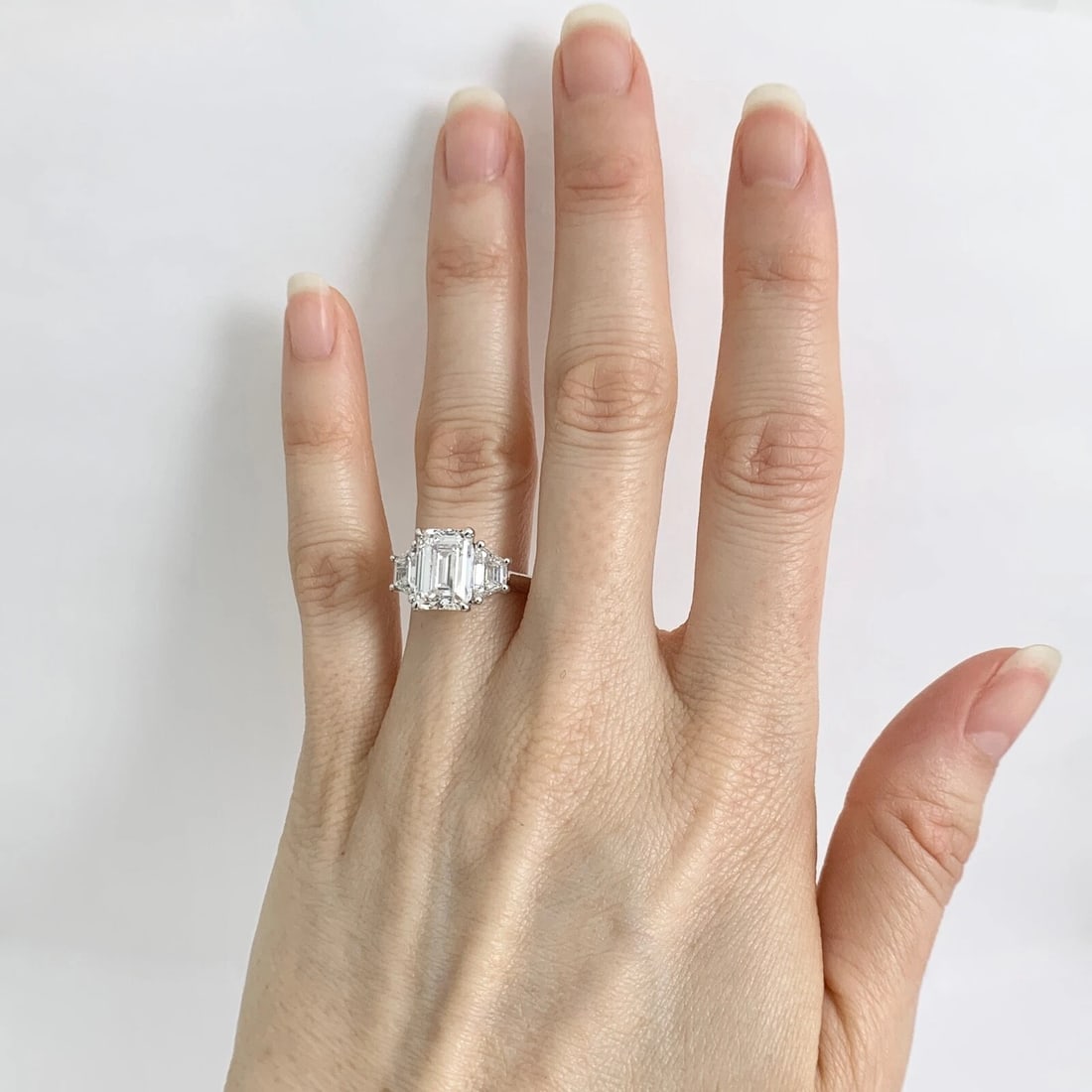3-Stone Emerald Cut Lab-Created Diamond Engagement Ring 14K White Gold, 3.96 CTW - 3