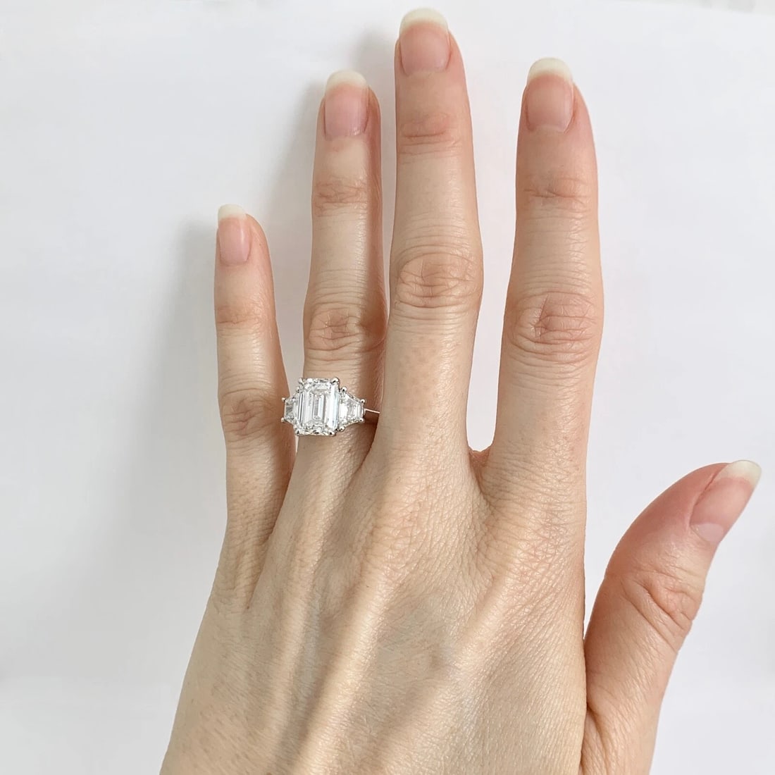 3-Stone Emerald Cut Lab-Created Diamond Engagement Ring 14K White Gold, 3.96 CTW - 4