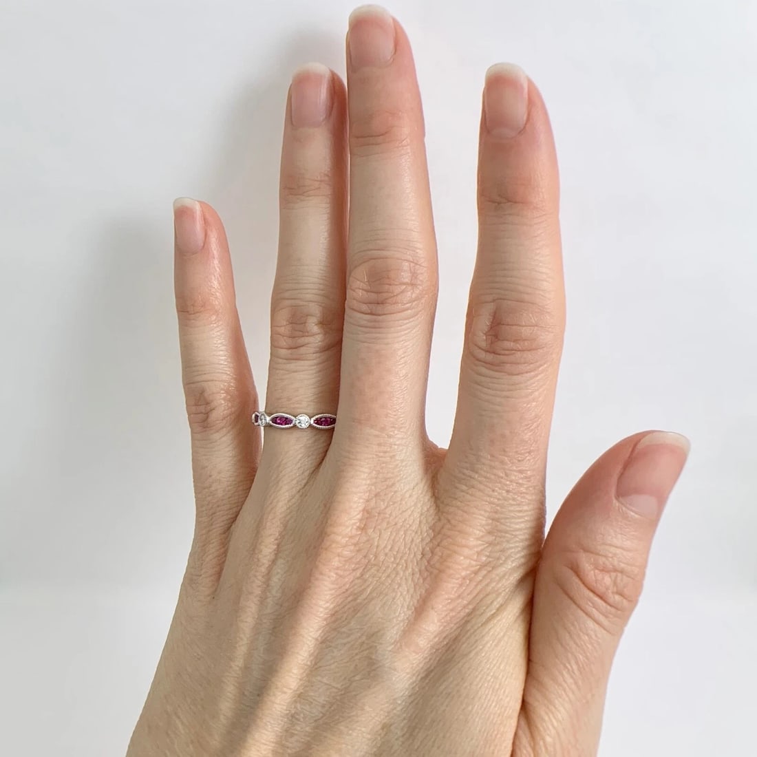 Marquise Round Ruby Diamond Wedding Band Ring 18K White Gold, .53 CTW - 4