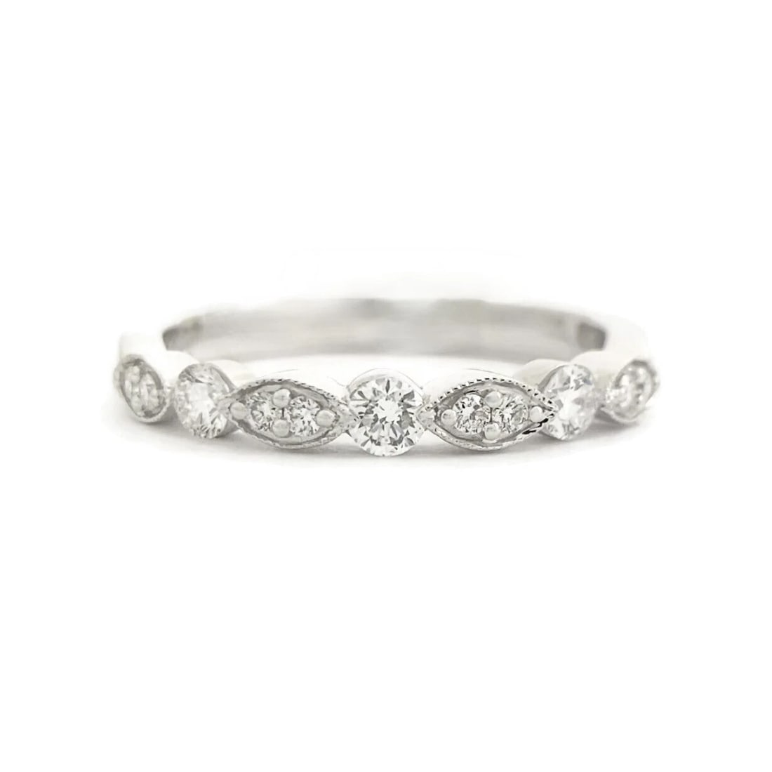 Marquise Round Diamond Wedding Band Ring 18K White Gold, .35 CTW (1 of 11)