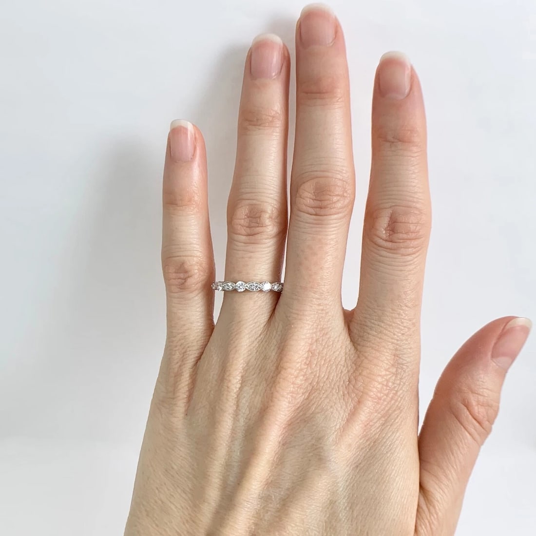 Marquise Round Diamond Wedding Band Ring 18K White Gold, .35 CTW - 4