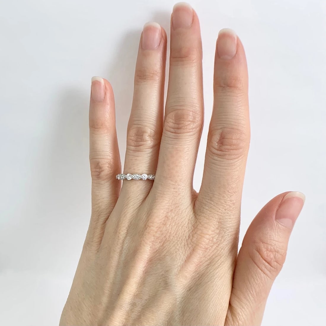 Marquise Round Diamond Wedding Band Ring 18K White Gold, .35 CTW - 5