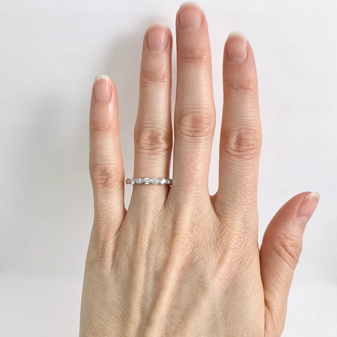 Marquise Round Diamond Wedding Band Ring 18K White Gold, .35 CTW - 3