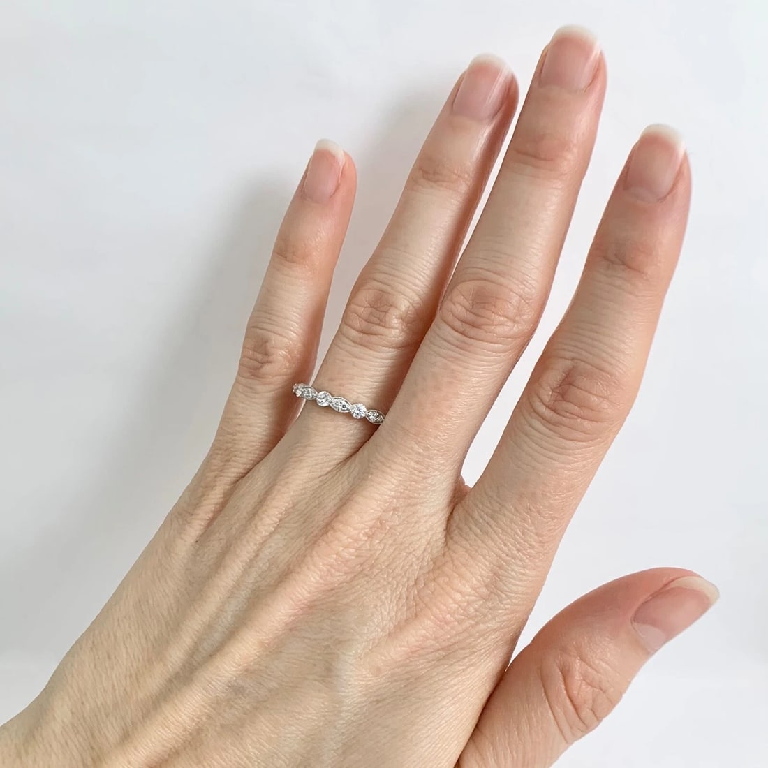 Marquise Round Diamond Wedding Band Ring 18K White Gold, .35 CTW - 6