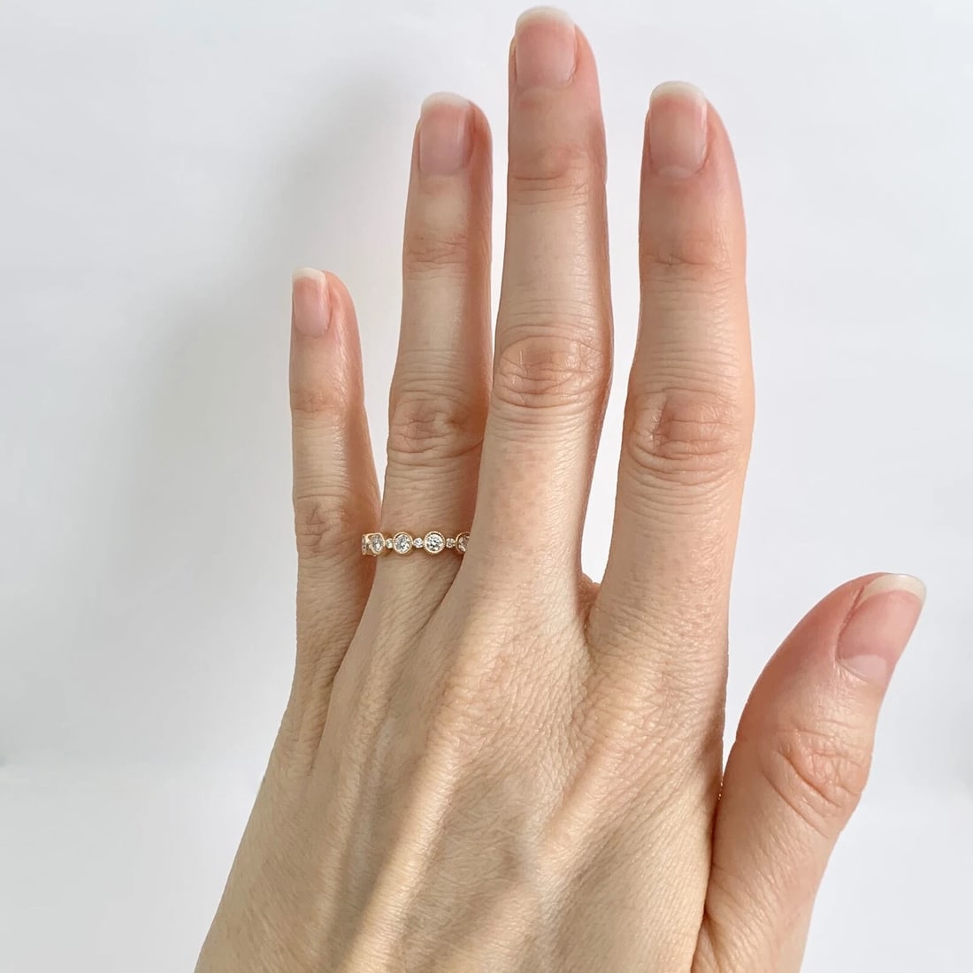 Round Bead Set Bezel Diamond Wedding Band Ring 18K Rose Gold, 1.05 CTW - 5