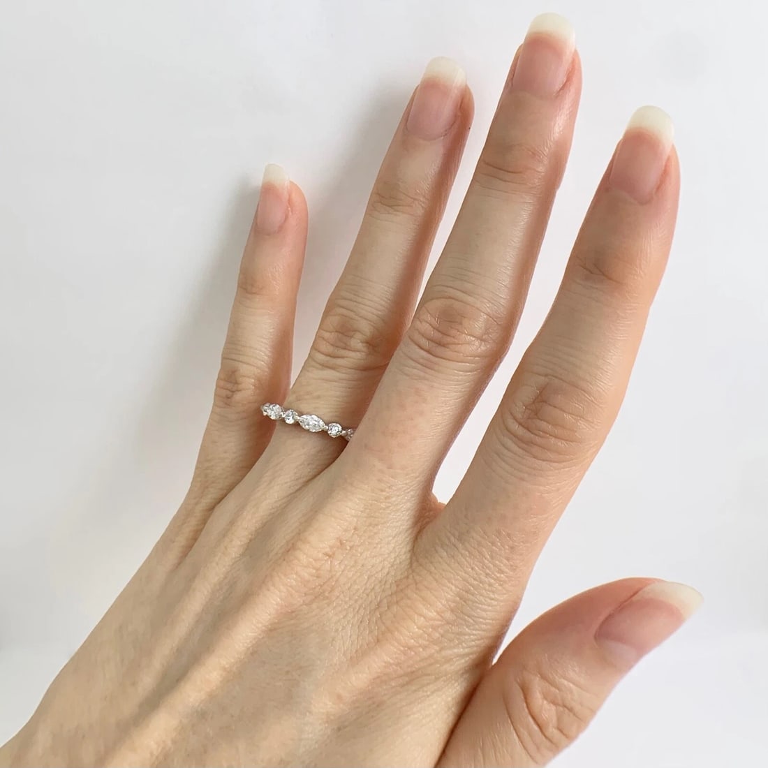 Marquise Round Diamond Wedding Band Ring 14K White Gold, .81 CTW - 7