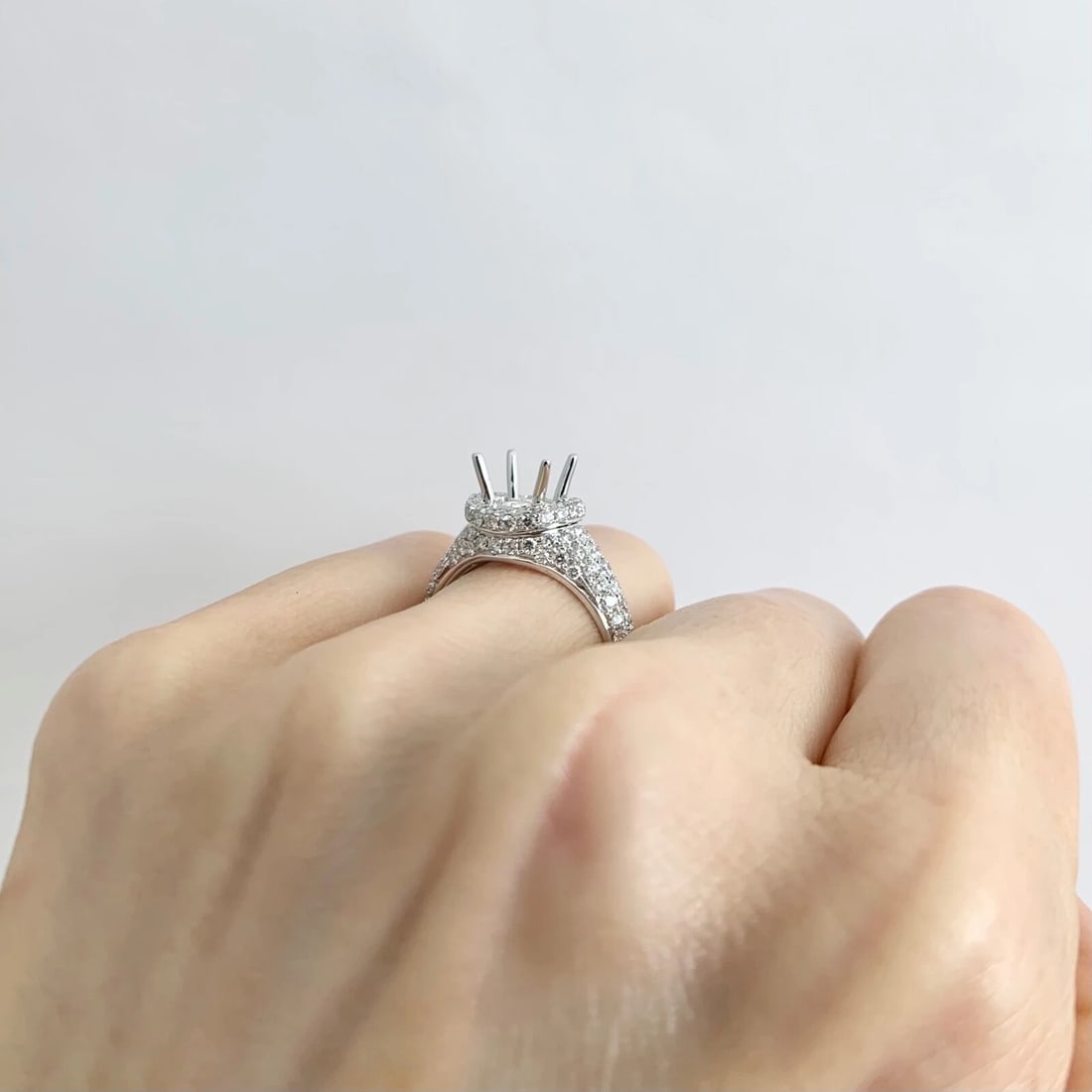 Round Pave Halo Diamond Engagement Ring Setting Mounting 18K White Gold 1.15 CTW - 5