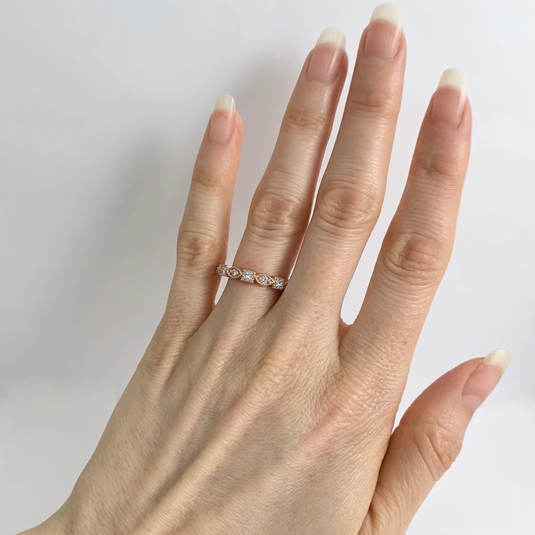 Multishape Diamond Eternity Ring Wedding Band 14K Pink Rose Gold, Size 6.75 - 5