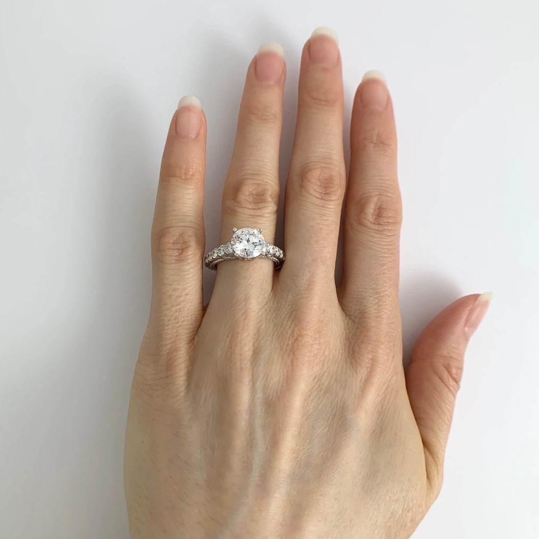 Side Milgrain Round Diamond Engagement Ring Setting Mounting 18K White Gold - 6