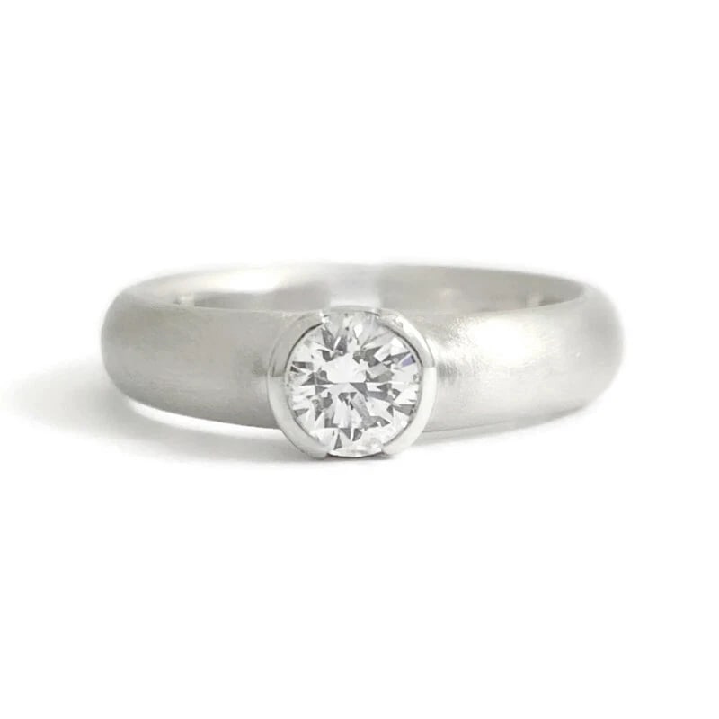 Round Wide Bezel Solitaire Diamond Engagement Ring Satin Platinum .40 CT - 2