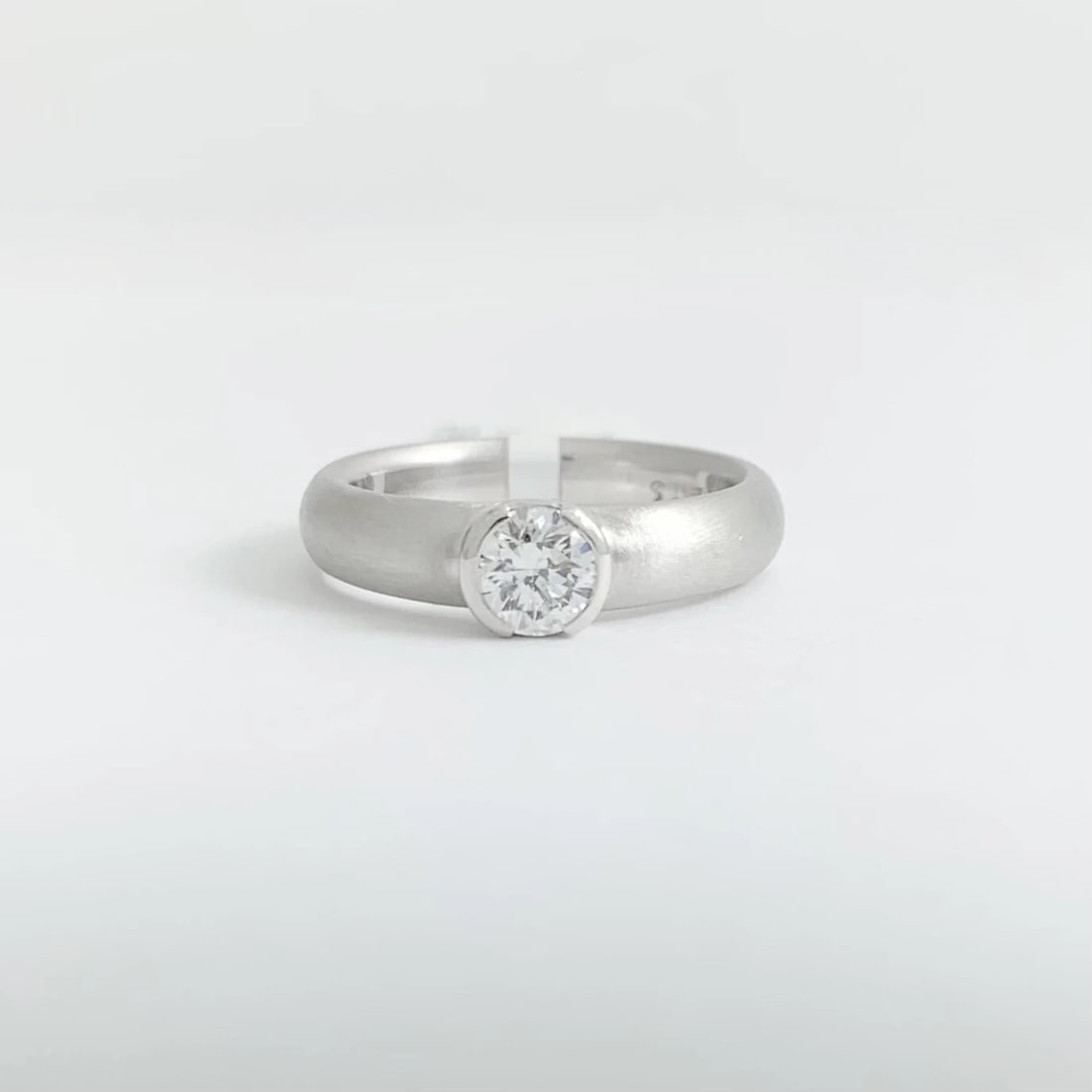 Round Wide Bezel Solitaire Diamond Engagement Ring Satin Platinum .40 CT - 8