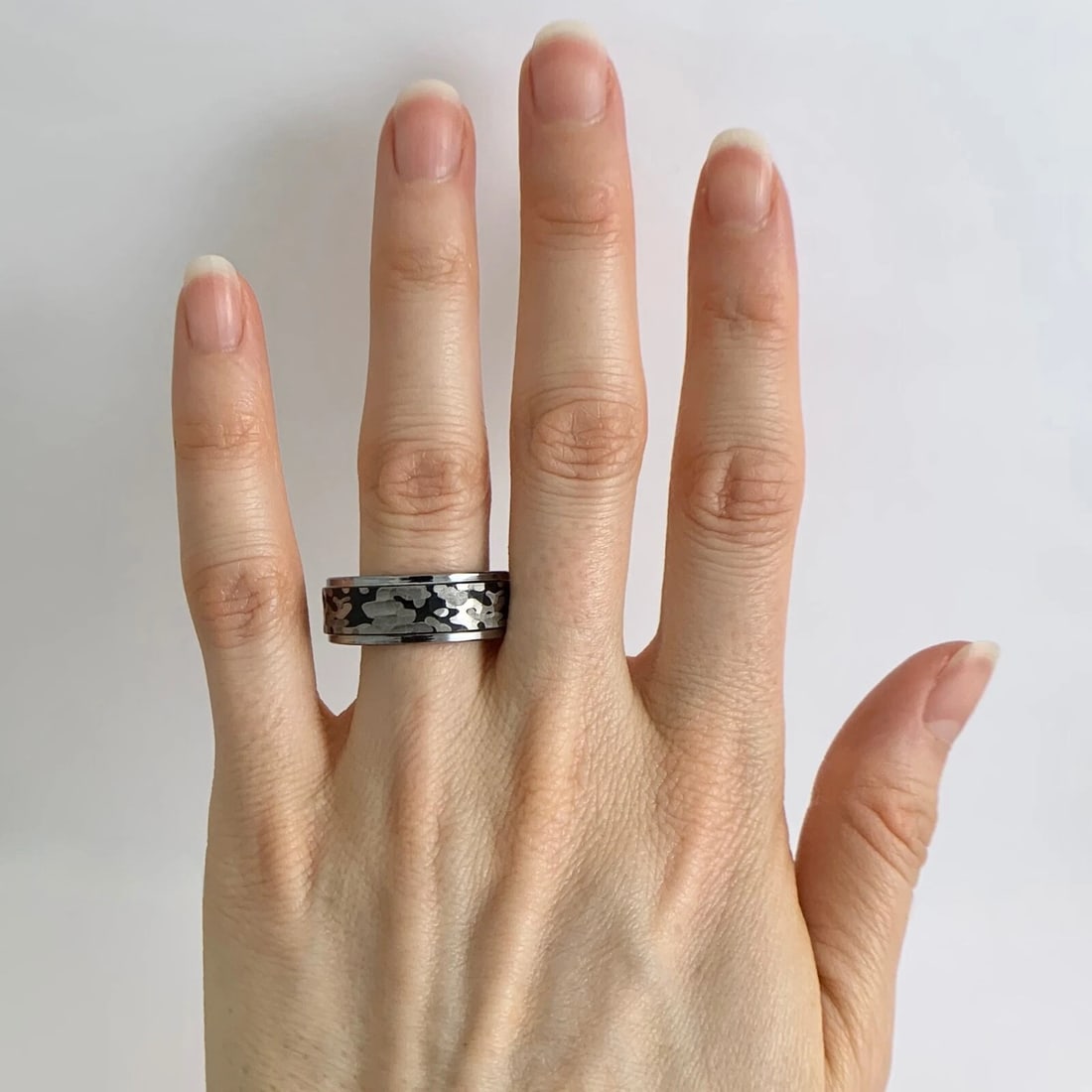 Men's Wide Grey Camouflage Wedding Band Ring in Tungsten Size 10, 8 mm - 4