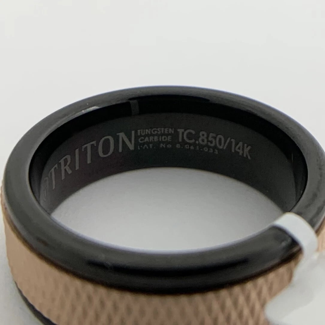 Men's 14K Rose Gold Insert Black Tungsten Wedding Band Ring, Size 10, 8 mm - 10