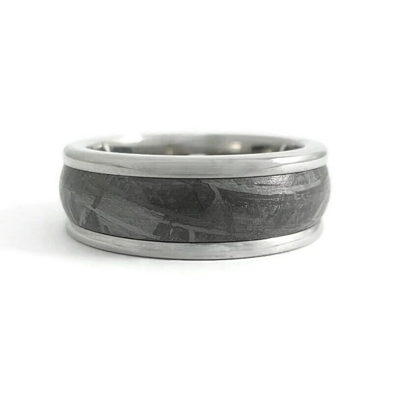 Men's Wide Grey Meteorite Insert Wedding Band Ring in Tungsten, Size 10, 8 mm - 2