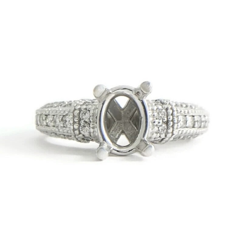 Oval Milgrain Pave Diamond Engagement Ring Setting Mounting 14K White Gold - 2