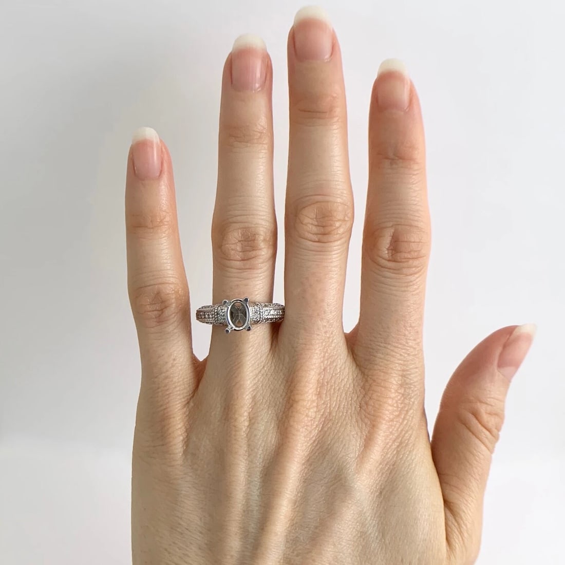 Oval Milgrain Pave Diamond Engagement Ring Setting Mounting 14K White Gold - 3