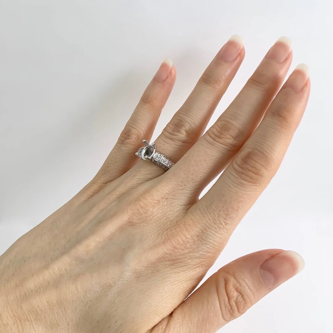 Oval Milgrain Pave Diamond Engagement Ring Setting Mounting 14K White Gold - 4