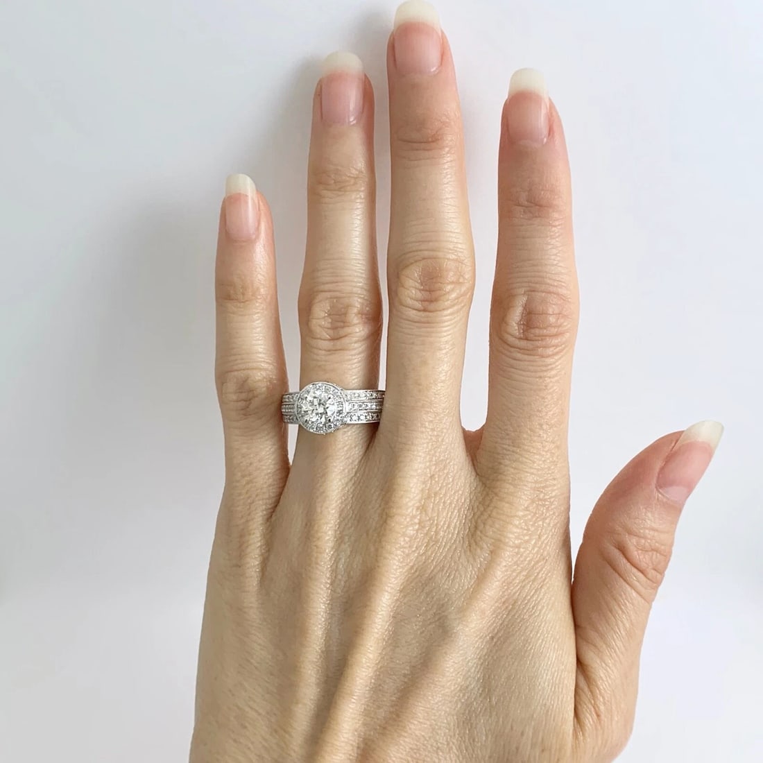 Round 3-Row Wide Halo Diamond Engagement Ring 14K White Gold 1.57 CTW - 4