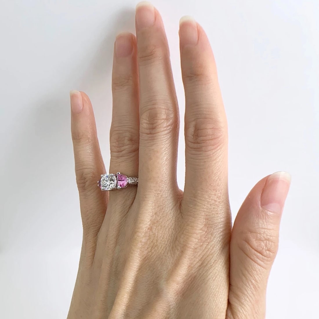 3-Stone Half Moon Pink Sapphire Diamond Engagement Ring 18K White Gold 2.18 CTW - 4
