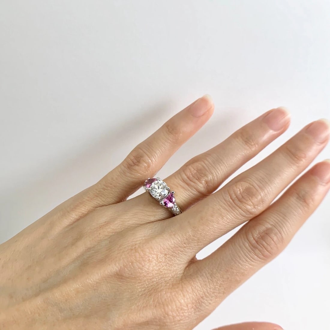 3-Stone Half Moon Pink Sapphire Diamond Engagement Ring 18K White Gold 2.18 CTW - 5