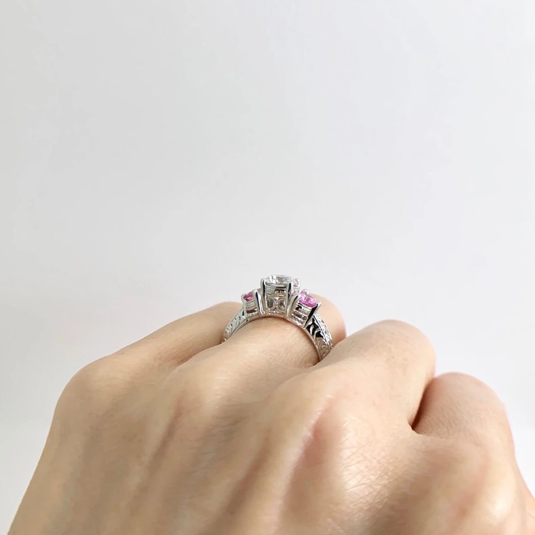 3-Stone Half Moon Pink Sapphire Diamond Engagement Ring 18K White Gold 2.18 CTW - 6