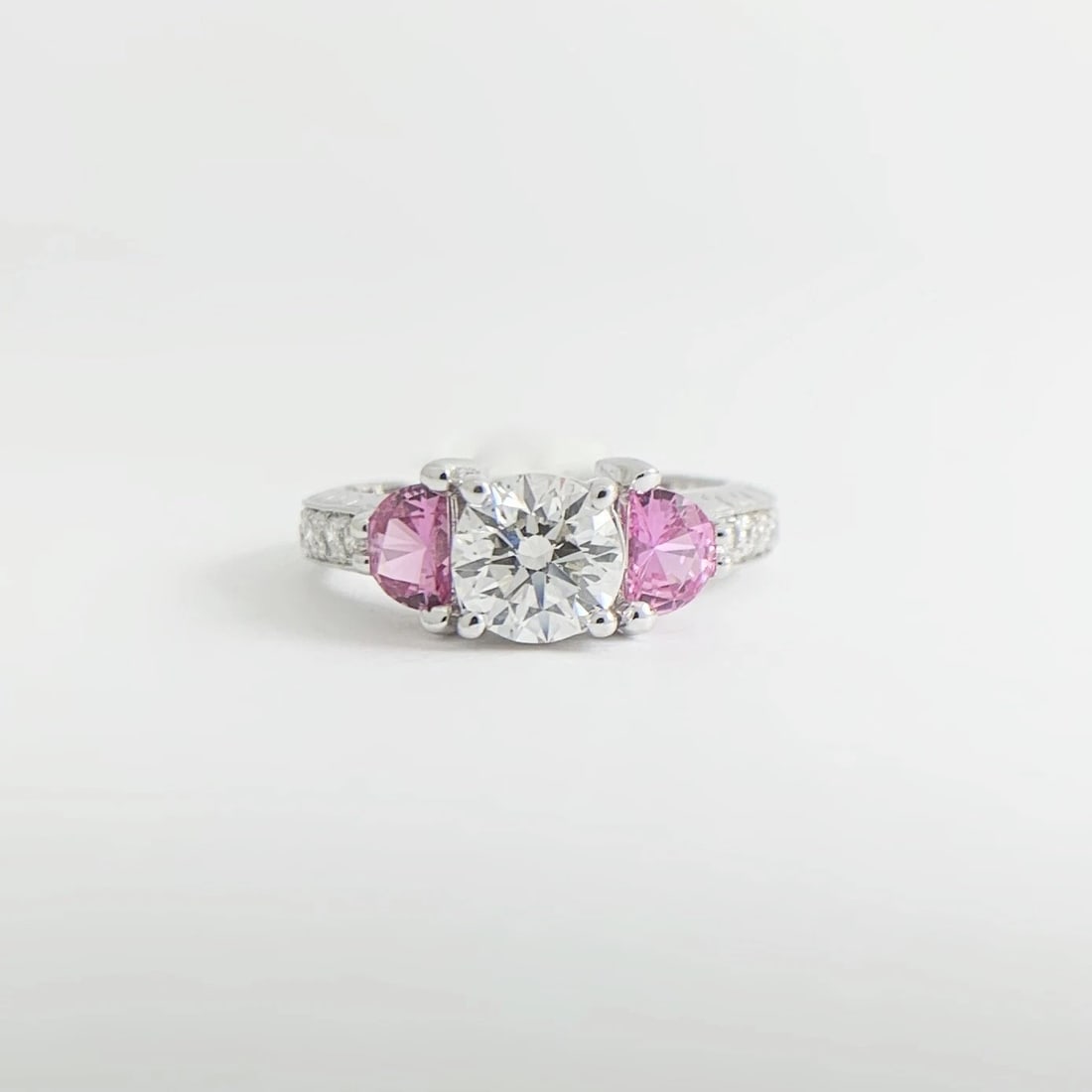 3-Stone Half Moon Pink Sapphire Diamond Engagement Ring 18K White Gold 2.18 CTW - 7