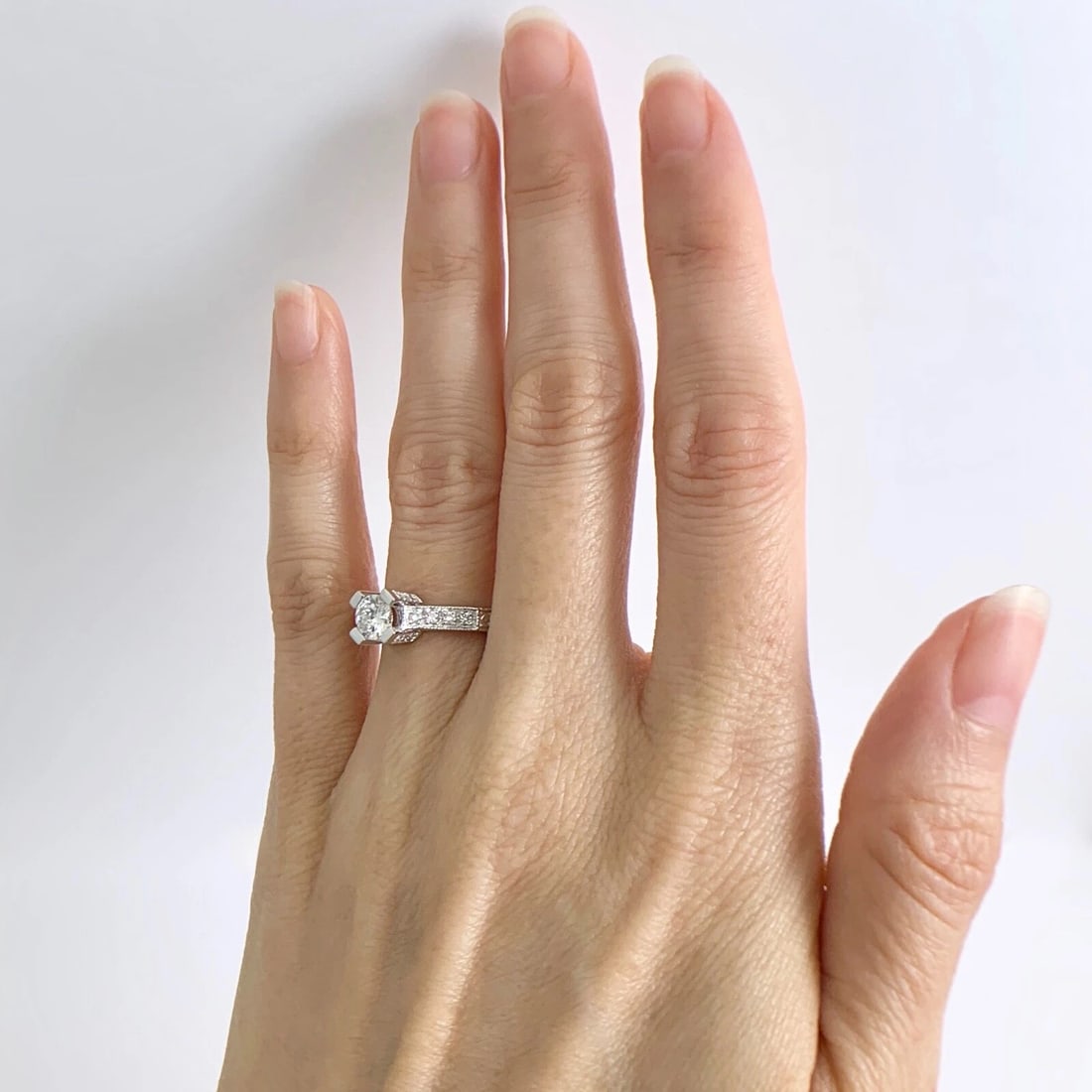 Round Diamond Milgrain Pave Textured Engagement Ring Platinum .75 CTW - 4